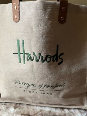 Harrods Jute Embroidered Tall Tote w/ Leather Handles